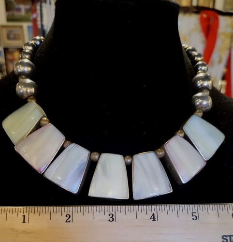 Sterling Silver Beads & Mother Of Pearl 18" Necklace . - Picture 5 of 6