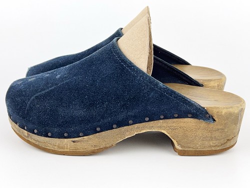 Vintage Wooden Clogs Blue Suede Studded Size EU 40 Germany US 9 Mule - Picture 7 of 11
