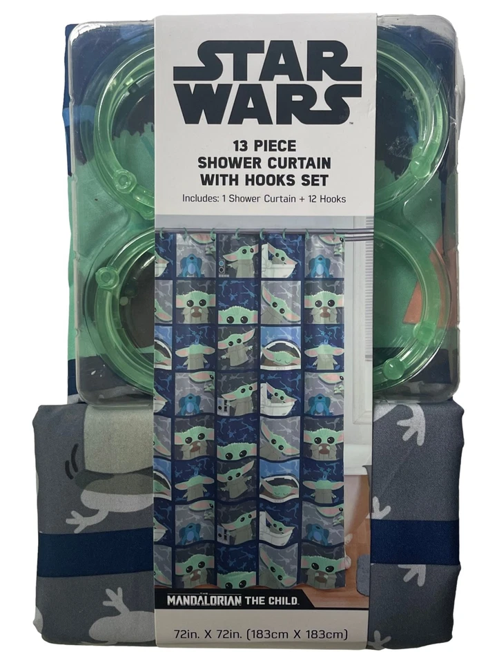 Juego de 13 ganchos y cortinas de ducha de tela Star Wars Baby Yoda Kids, Mandalorian Foto 2 de 2