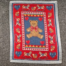 Vintage 80s 90s Teddy Bear and Hearts Quilted Fabric Crib Blanket Satin Trim