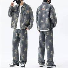 Luxury Men Denim Trendy Two-Piece Set Retro Jeans Washed Casual Jacket Coat