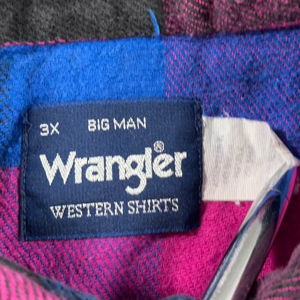 Camisa De Colección Wrangler Western Para Hombres Grande 3X Rosa Púrpura Cuadros Perla Franela a Presión Años 90 Foto 4 de 4