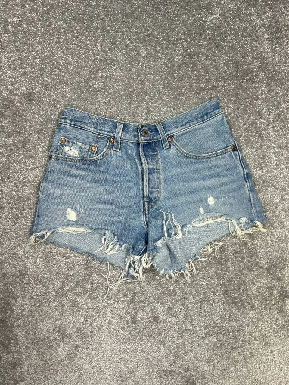 Levis 501 Shorts Womens 26 Blue Cut Off Distressed Denim Logo High Rise Raw Hem