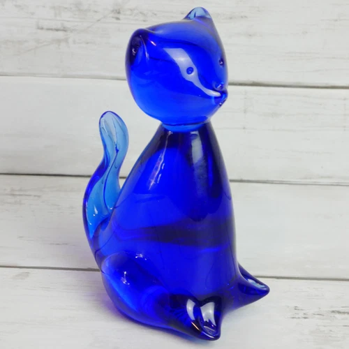 Vintage Legends Of Murano Seated Cat Cobalt Blue Blown Art Glass 4.25" Figurine