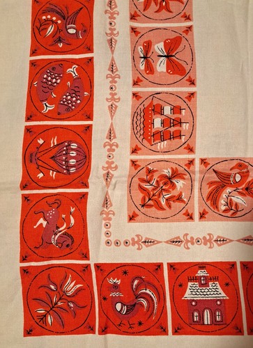Great MCM mid-century Linen Tablecloth 68" X 50" Red Pink White - Picture 2 of 3