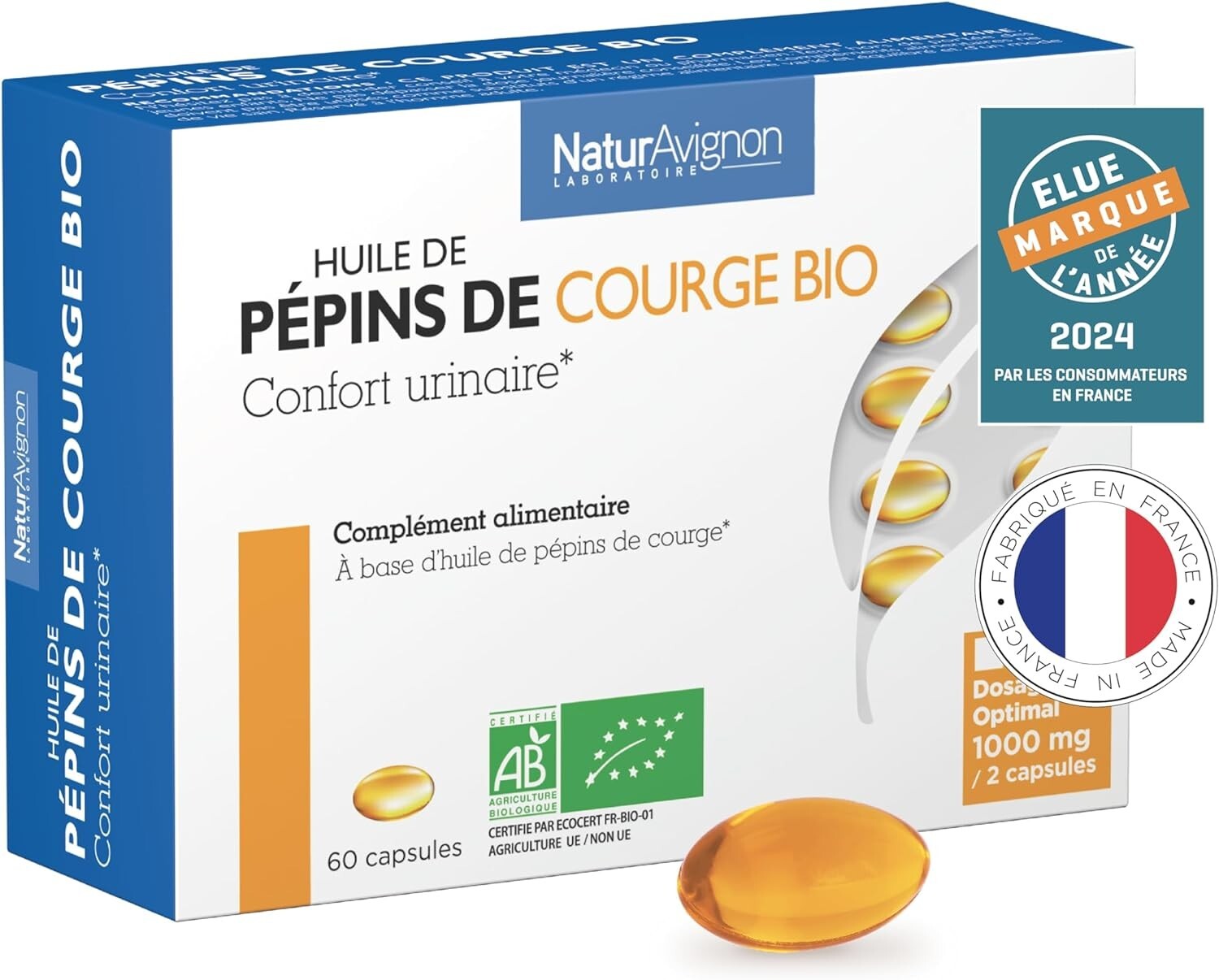 Huile de pépins de courge bio 500mg pour le confort de la prostate