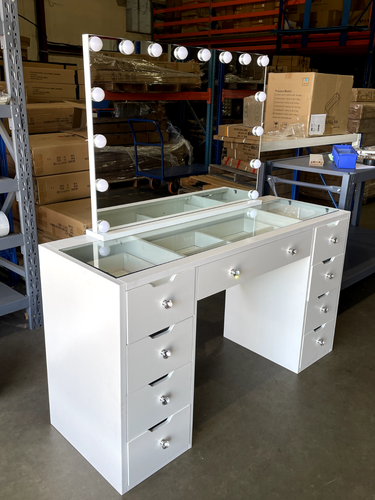 WHITE GLASS TOP MAKE-UP DRESSER TABLE WITH LED MIRROR WITH DRAWER KLDS11-A - Picture 2 of 11