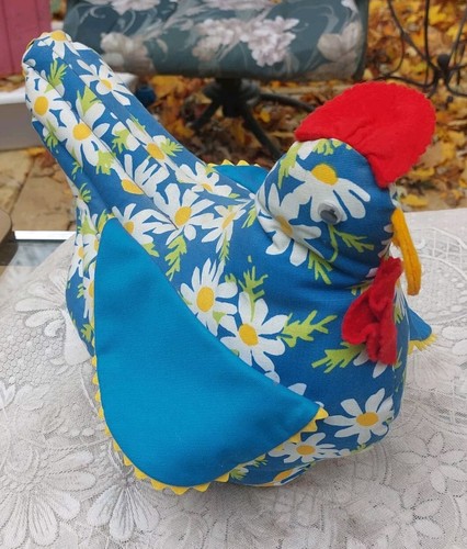 Handmade Plush Chicken Decor Faux Blue W/flowers Pattern Rustic Country Farm Vtg - Picture 2 of 11