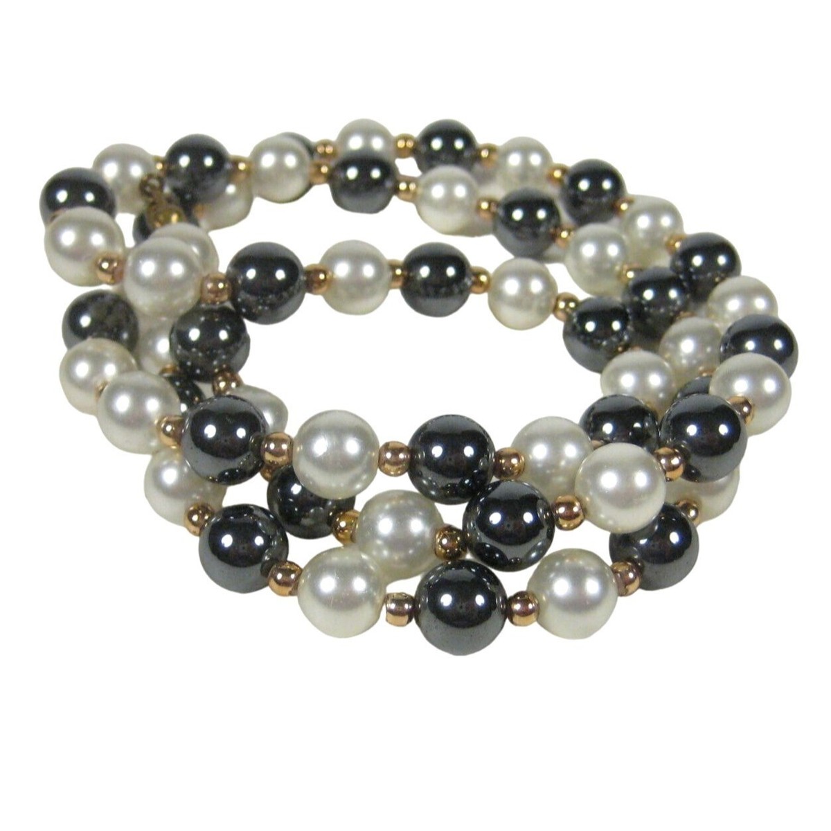 Imitation Pearl Hematite Stone Beaded Necklace Vintage Goldtone Jewelry 25  inch