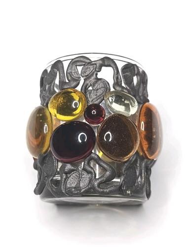 Vintage Votive Candle Holder Metal Wrapped with Glass Leaves and Stones - Picture 3 of 6