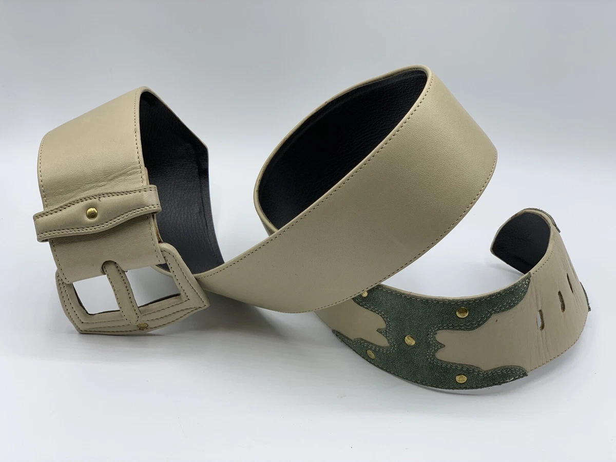 Vacher Cream Leather Green Suede Western Belt Luxury RODEO belt | Golden & Embossed Calf | SILVER OSTRICH main image 3