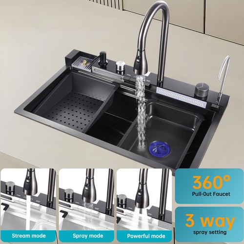 27.5" Flying Rain Stainless Steel Waterfall Kitchen Sink with Faucet Single Bowl - Picture 4 of 9