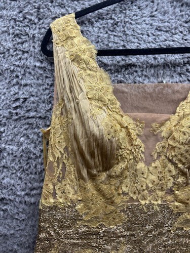 Alberto Makali Silk & Sequin Sleeveless Long Evening Gown Gold Womens Size 14 - Picture 6 of 19