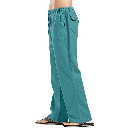 Pantalones largos holgados informales con cordón de playa yoga de algodón y lino para hombre - Imagen 32 de 38