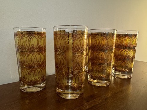 7 Vintage Georges BRIARD Highball Glass Cocktail Glasses Tall MCM Gold Design - Picture 10 of 12