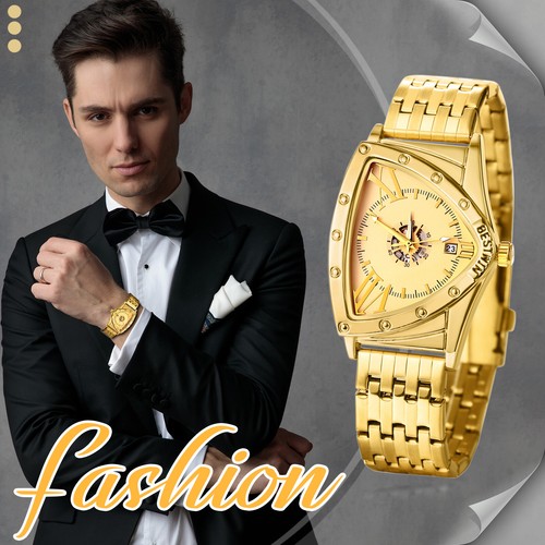 Men's Unique Triangle Dial Waterproof Quartz Date Wrist Watch Stainless Steel - Picture 5 of 27