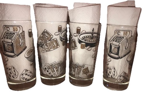 4 Vintage GLÜCKSSPIEL POKER CASINO COCKTAIL BAR GLÄSER Mid Century SCHWARZ GOLD