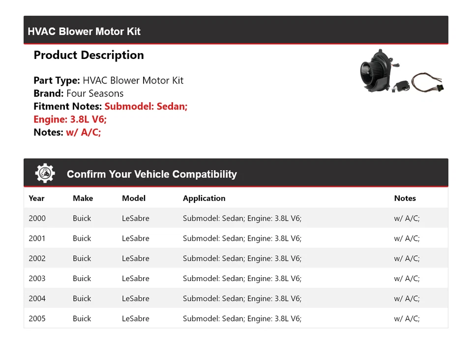 Kit de motor soplador de climatización V6 3,8 L sedán Buick LeSabre 2000-2005 4 estaciones 2001 Foto 2 de 3
