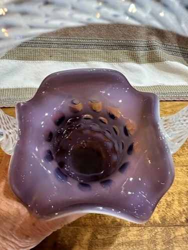 Cesta de puntos de moneda óptica punto violeta vidrio artístico Fenton 9"t vintage - Imagen 13 de 14