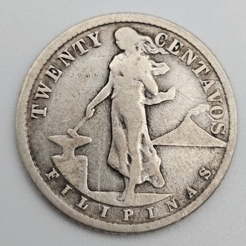 1915-S 20 Centavos Fine Philippines US San Francisco Mint Silver Coin Twenty USA - Picture 2 of 2