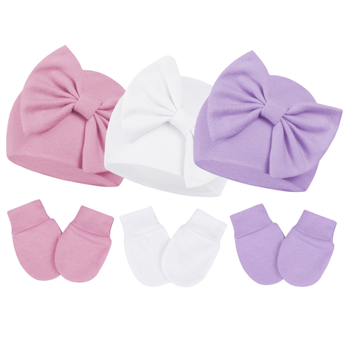 Infant Hat and Mitten Set Beanie Bow Baby Caps Newborn Caps with No Scratch Mitt - Picture 7 of 12