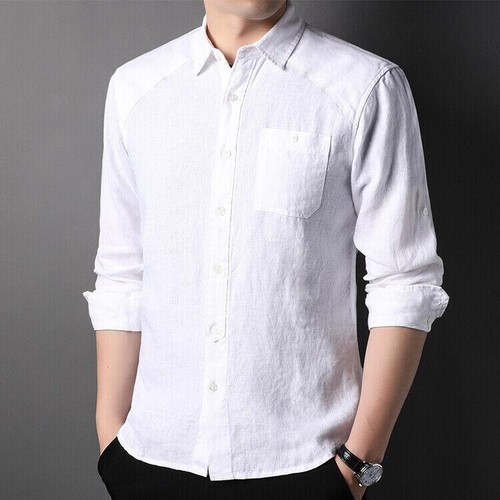 Mens Linen Blend Shirt Long Sleeve Button Down Pocket Shirts Casual Work Tops SZ - Bild 15 von 19