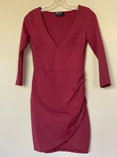 Nasty Gal Sz S Maroon Stretch Long Sleeve Dress V Neck Side Ruche