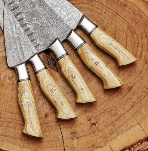 Custom Handgeschmiedet Damaststahl Kochmesser Set Tasche Küchenmesser Holzgriff - Bild 5 von 5