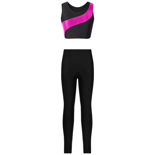 Girls Kids Dancewear Black Tights Outfit Gymnastics Sets Activewear Clothing - Picture 18 of 57
