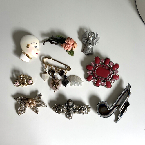 Vintage Modeschmuck Anstecknadel Brosche Konvolut Kopf Herz Rose Blume JJ Jonette rosa
