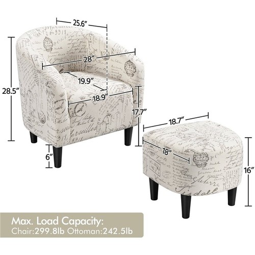 Barrel Accent Chair Ottoman Set Letter Print Upholstered Club Lounge Chair New - Picture 4 of 7