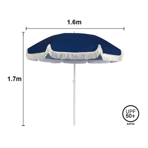 Beach Umbrella Classic Blue Retro Style with Tassel Trim Picnic Camping Umbrella - Picture 2 of 5
