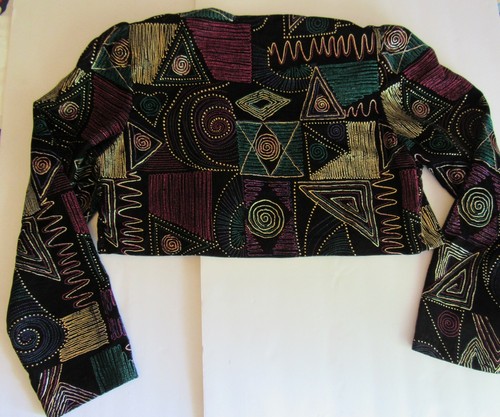 VTG Ms Choice 12 P Bolero Crop Jacket Black Velvet Metallic Geometric New Wave - Picture 7 of 11