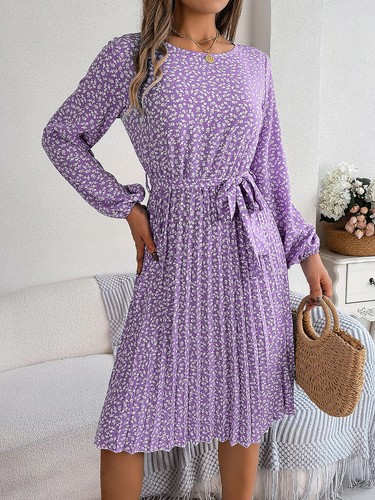 Spring and Summer Casual Long Lantern Sleeved Floral Pleated Dresses for Women - Picture 27 of 29
