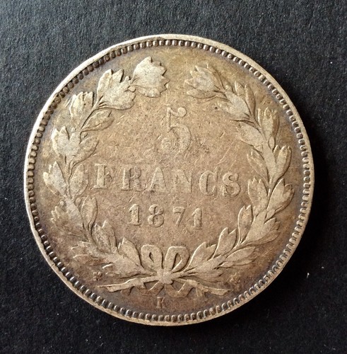 France - Gvt.Défense Nationale - Monnaie 5 Francs 1871 K (M) - sans Légendes (2) - Picture 2 of 2