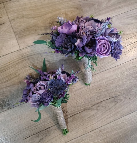 Purple Lavender Bridal Bouquet Sola Wood Wedding Wildflower Bridesmaid Flowers - Picture 3 of 25
