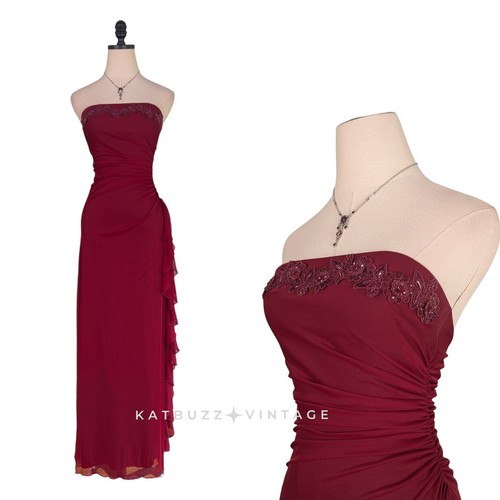 Vintage City Triangles Prom Dress Maxi Gown S Red Fairy Goth Mesh 90s Y2K