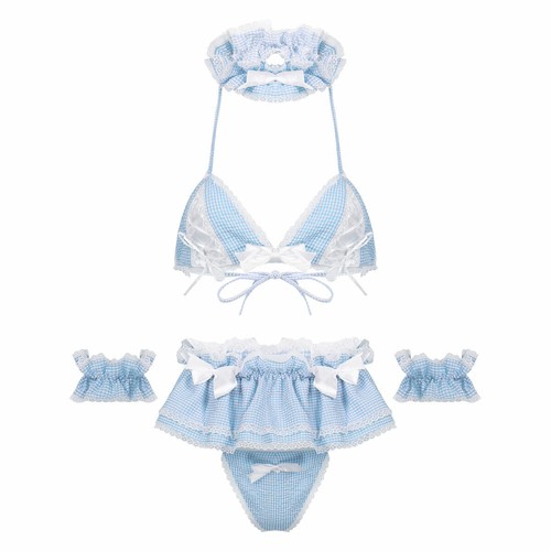 Women Sexy Cosplay Lingerie Set Ruffle Plaid Baby Doll Teddy Outfit Bra Pantie - Foto 14 di 91