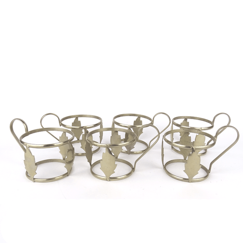 6x Tee Glashalter mit Jenaer Glass, Blatt-Dekor Metall vernickelt, Jugendstil - Bild 8 von 12