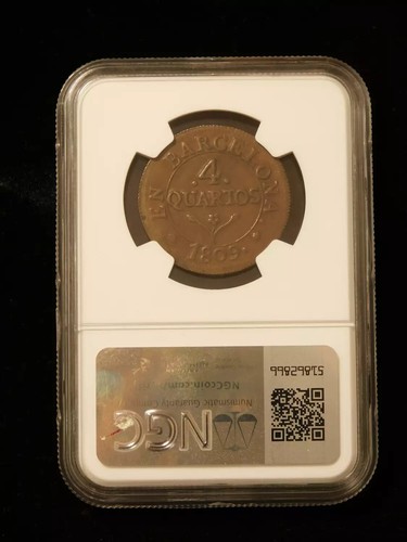 1809 Spain 4 Quartos Barcelona - Die Struck - NGC AU58BN - Picture 2 of 4