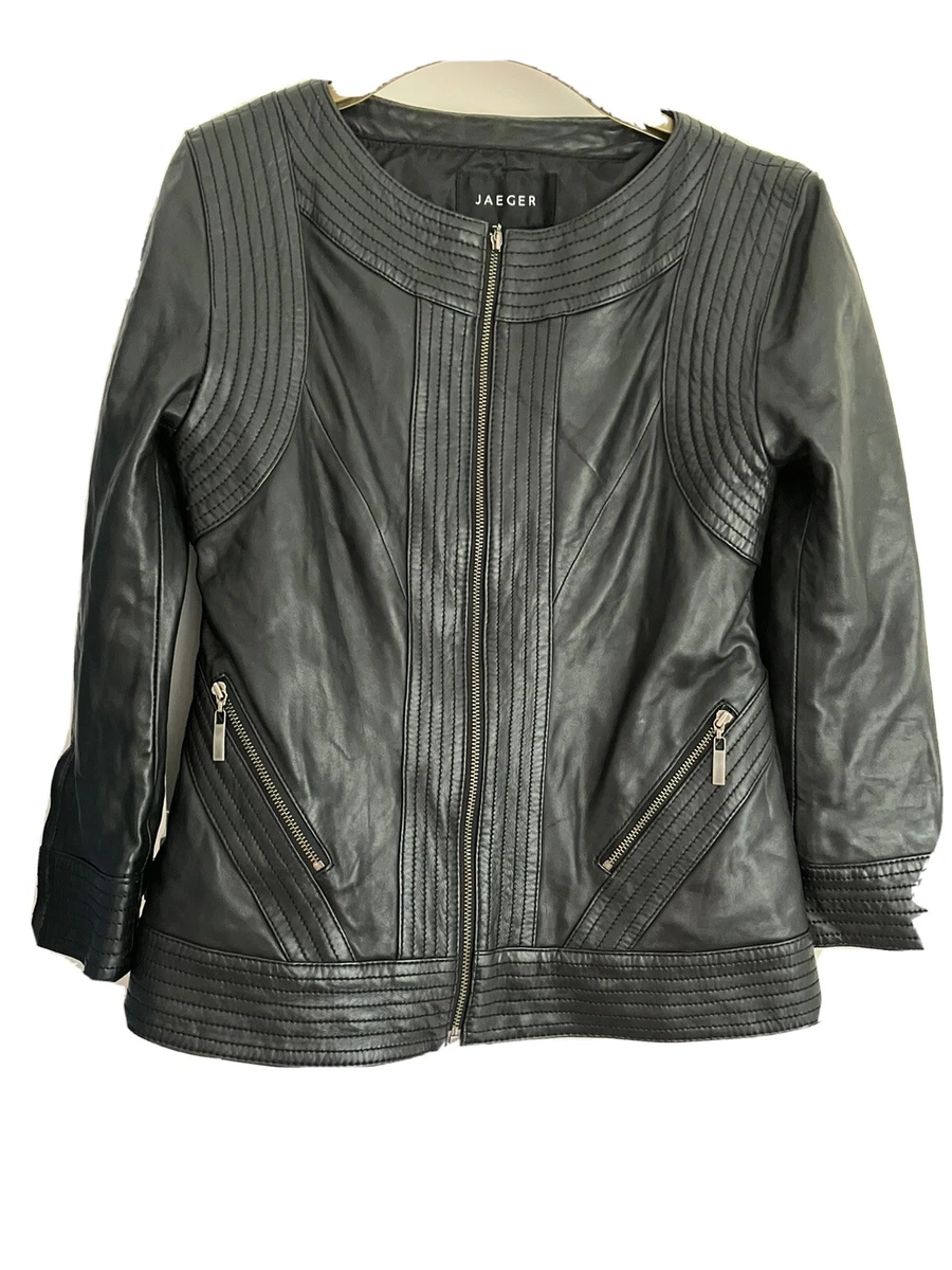 Jaeger collarless leather best sale jacket