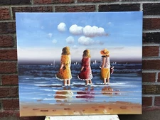 Children And The Sea Genuine Oil Painting 19” x 23” On Stretched Canvas #54