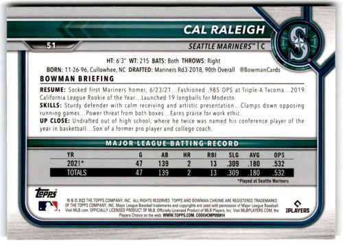 2022 Bowman Chrome #51 Cal Raleigh  RC Rookie Seattle Mariners - Picture 2 of 2