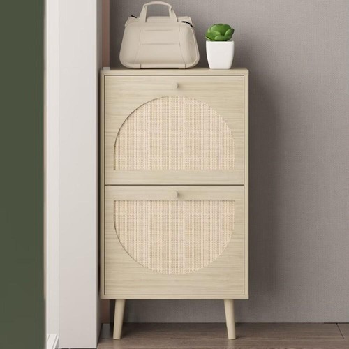 Natural Rattan Shoe Cabinet with 2 Flip Drawers Entrance Hallway Freestanding - Picture 2 of 7