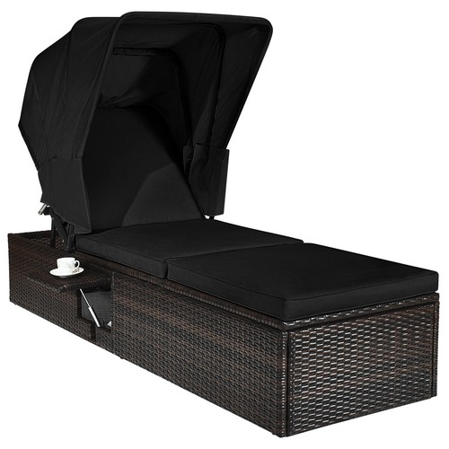 Patio Rattan Lounge Chair Chaise Cushioned Top Canopy Adjustable Tea Table Black
