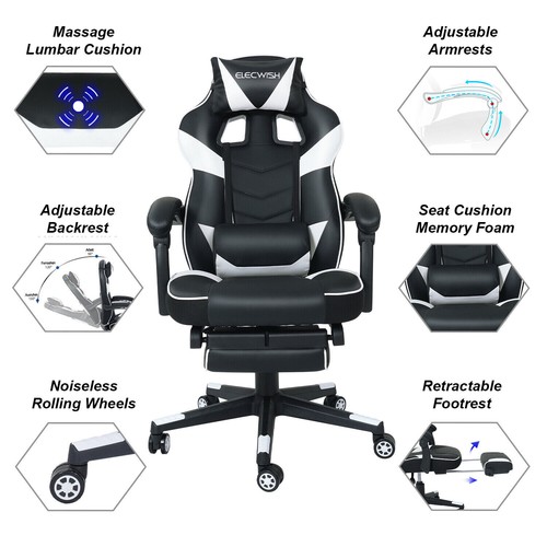 Massage Office Gaming Chair Racing Recliner Swivel Computer Desk Footrest Home - Picture 2 of 8