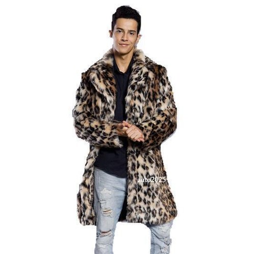 Men Leopard Print Fur Suit Coat Rabbit Fur Long Coat Warm Parka Winter Overcoat - Picture 2 of 24