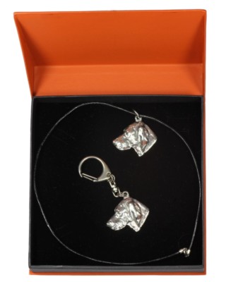 Weimaraner type 2 - necklace, keyring, set with a dog in orange box, Art Dog USA