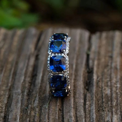 Anillo de San Valentín de diamantes y zafiros naturales de 5,25 quilates de oro blanco real de 14 quilates TALLA - Imagen 4 de 7
