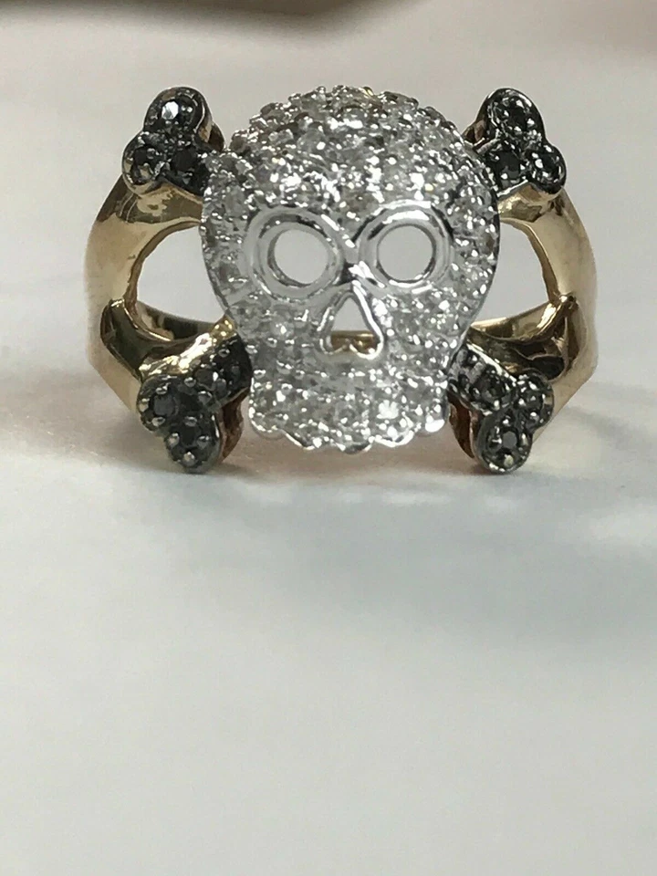 Anillo Calavera Especial Halloween Diamante Negro Corte Redondo 2 CT Acabado Oro Amarillo 14K Foto 3 de 4